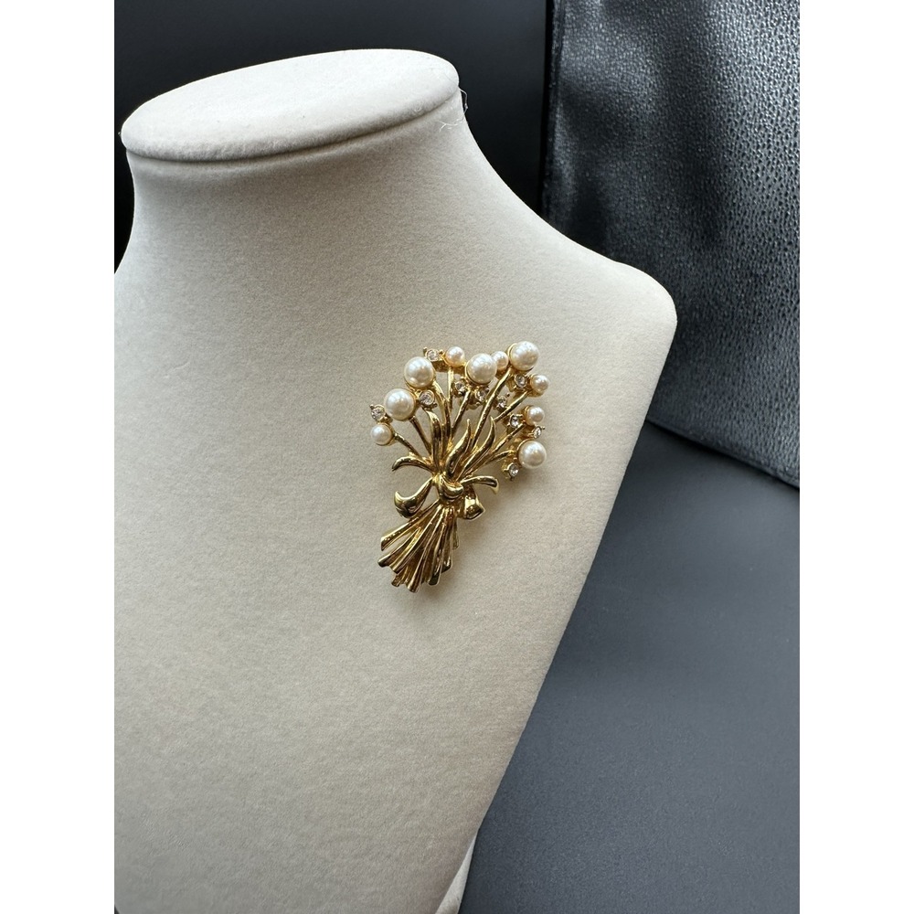 Vintage Gold Tone Wheat Brooch With Faux Pearls And Diamonds